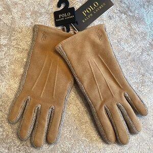 Brand New Polo Ralph Lauren Genuine Deer Suede Gloves Tan Neutral Embossed Pony